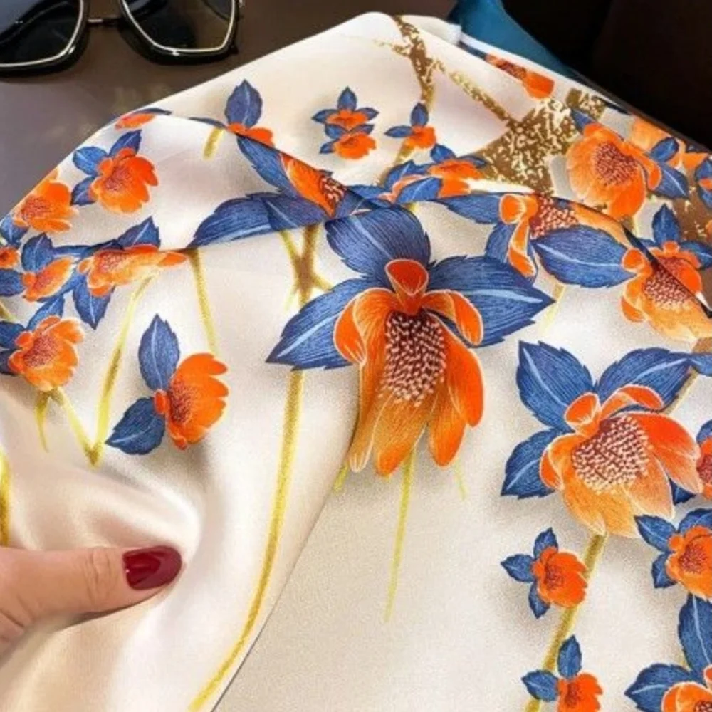 Floral Silk Scarf in Blue and Orange